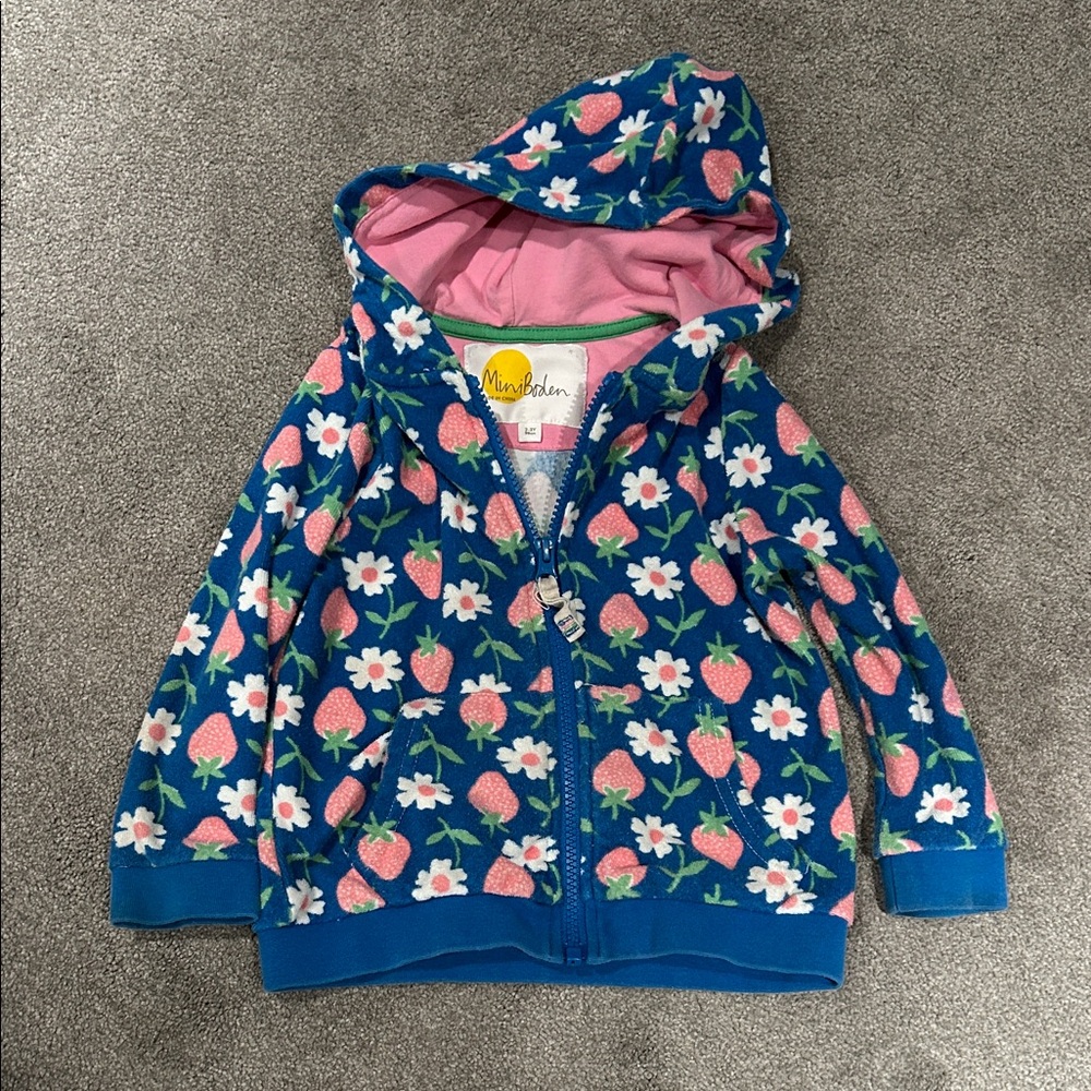 Mini Boden Blue Hoodie with Strawberry and Floral Print